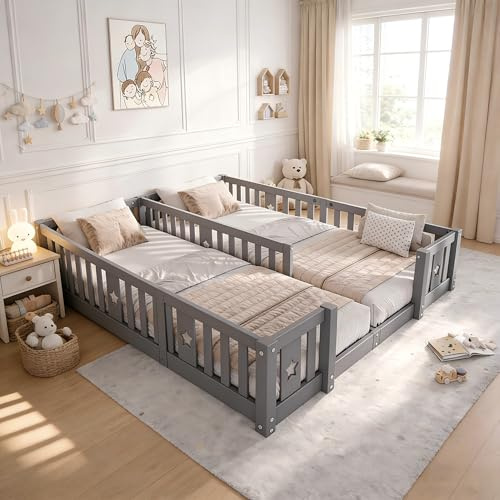 ZSSWSS Montessori Kinderbett 2x90x200 aus Massivholz, Bodenbett Kinder Doppelbett mit Rausfallschutz für Geschwister, Kinderbett Hausbett für Kinderzimmer Mädchen Jungen, ohne Lattenrost, Grau