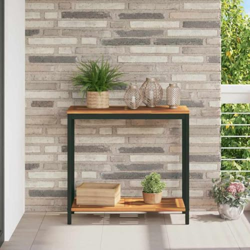 Keeushr Console d'extérieur en bois d'acacia massif avec pieds en acier 80 x 35 x 75 cm en naturel et noir pour terrasse, balcon, jardin, extérieur