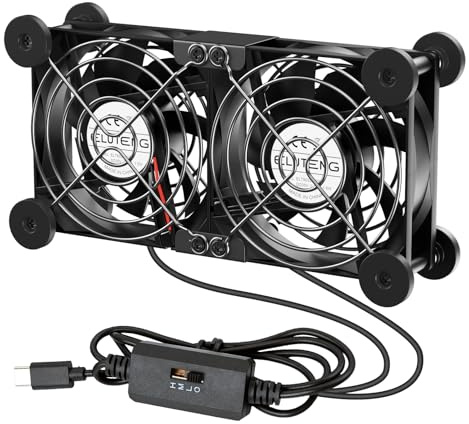 ELUTENG Type C Double Fans 80mm, PC Ventilators with 8 Shock Absorbent Feet | 5V USB C Dual Fan 80mm 3 Adjustable Speeds with Metal Grillefor for PS5 PS4/Laptop/TV Box/Router
