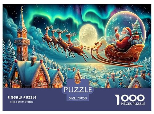 Weihnachtsmann Schlitten Nacht 1000 Teile Puzzle Papier für Erwachsene Nordlicht Winterlandschaft Familienspiel Puzzle Geschenk Entspannung Deko 70x50cm/1000pcs