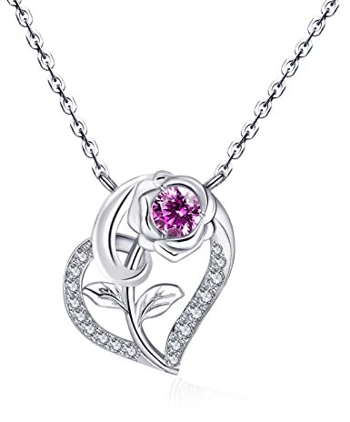 Qings February Amethyst Birthstone Necklace for Women 925 Sterling Silver Rose Flower Heart Pendant Necklaces with Cubic Zirconia Valentines Day Birthstones Jewellery Gifts for Wife Girlfriend Her