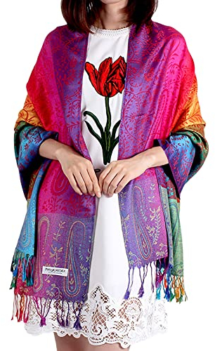pvucpot Damen Schal Marokko Regenbogen-Farben Pashmina - Viskose/Polyester - xxl bunt/mehrfärbig Halstuch