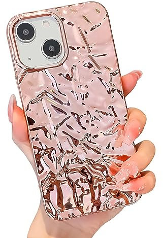 ekoneda Coque compatible avec iPhone 15 Plus - Jolies paillettes tendance - Pour femme et fille - De luxe - En feuille d'étain - Design plissé - En silicone rose - 3D - Rose - Électroplaqué -