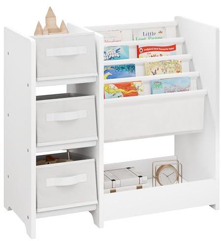 Lestarain Kinderzimmerregal, Spielzeug-Organizer, Regal für Kinderzimmer Spielzimmer, mit 3 Aufbewahrungsboxen 4 Hängefächern 1 Fach, aus Massivholz MDF, Weiß, 65x60x30 cm (BxHxT)