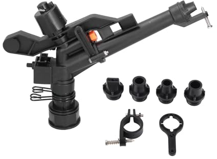 Aspersor de Impacto G 1‑1/2, Aspersor de Riego Agrícola Ajustable, Aspersor de Agua con 4 Boquillas para áreas Grandes, Césped, Patio, Jardín Negro