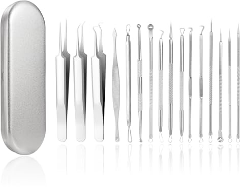 16 Piece Blackhead Remover Comedone Squeezer Set, Tweezers Set with Metal Box for Face Defects, Suitable for Women and Men, for All Skin Types