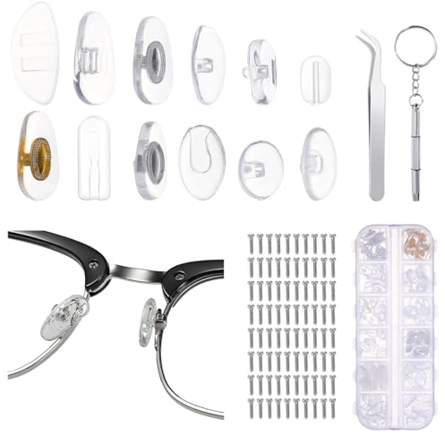 WWYSSZ Brillen Reparaturset, 12 Stile 60 Paar Brillen Nasenpads Silikon Weich, mit 80 Kleinen Schrauben Muttern, Pinzette, Mikro Schraubendreher, für Brillen, Sonnenbrillen, Lesebrillen