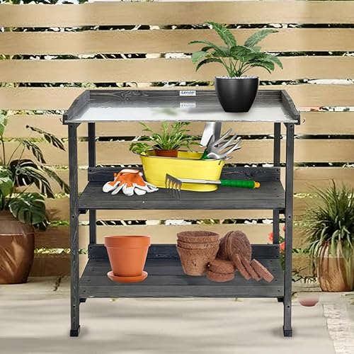 Lendo Online Tavolo Lavoro da Giardino per Piante in Legno - 3 Ripiani - 76x37x92cm - ganci in acciaio inox - Germinazione - Abete rosso (Grigio)