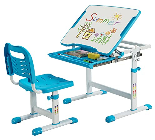 GOPLUS Kinderschreibtisch höhenverstellbar, Kinderschreibtisch Set mit neigbarer Tischplatte & Schublade, Schülerschreibtisch Jugendschreibtisch Kindertisch und Stuhl für Mädchen & Jungen (Blau)