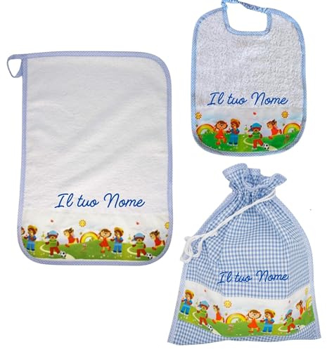 MyVorrei Set Sacco+Asciugamano+Bavaglio Cotone 100% per Asilo | Sacco cm 36x45 Asciugamano cm 35x52 Bavaglio cm 26x35 | Personalizzabile con Nome