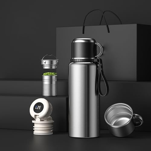 COYOUCO 800ML-1200ML Thermoskanne mit großer Kapazität aus Edelstahl mit intelligenter Temperaturanzeige für heißes Wasser, Kaffee, Tee, Sport- und Bürotassen im Freien,Silber,800ml
