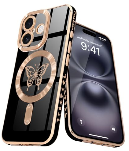 Lafunda Magnetic Case for iPhone 16 Compatible with MagSafe, Black | Cute Butterfly Pattern Phone Case for Women Girls, Bling Plating Soft TPU Bumper Anti-Scratch Shockproof Slim Cover