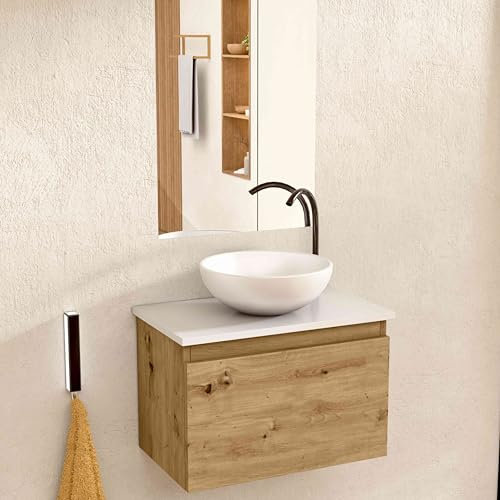 BELLOBATH - Mueble Baño Suspendido con Lavabo de Cerámica Redondo y Espejo, Mueble Baño con Lavabo Montado con 1 Cajón, 49,5 x 32 x 30 cm, Mueble Roble/Blanco