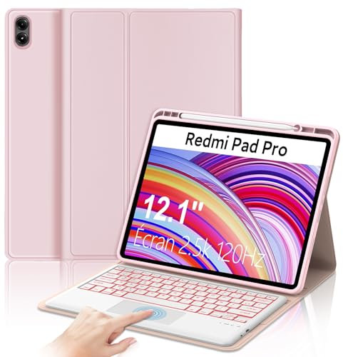 Clavier Redmi Pad Pro 12.1 2024/Xiaomi Poco Pad 2024, Clavier avec pavé Tactile éclairage 7 Couleurs AZERTY sans Fil Amovible pour Xiaomi Redmi Pad Pro 12.1 2024, Rose