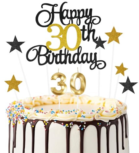 Ainiv 30 Decoracion Tartas Cumpleaños, Negro y Dorado 30 Velas Cumpleaños Numeros para Mujeres y Hombres, Estrella Adornos Birthday para Fiestas, Cupcakes, Postres y Pasteles