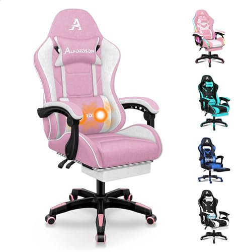 ALFORDSON Sedia da gioco, sedia da ufficio massaggiante, sedia da gioco ergonomica con poggiapiedi e poggiatesta, cuscino lombare massaggiante, morbida imbottitura, Tessuto, Bianco e Rosa