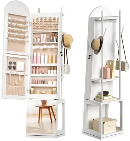 HOOBRO Schmuckvitrine mit Spiegel, Schmuckaufbewahrung mit rotierender Basis und Schloss, Stehender Schmuckschrank mit LED-Beleuchtung und Lagerraum, für Ohrringe, Armbänder, Kosmetik, Weiß EWT09JC04