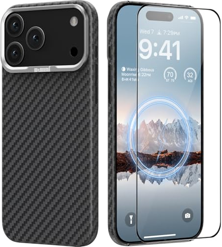 memumi Magnetische Carbon Hülle für iPhone 17 Pro Max,[mit Schutzfolie] kompatibel mit Mag-Safe,echter Aramidfaser handyhülle, Ultradünn Hülle mit Fallschutz für iPhone 17 Pro Max -Schwarz