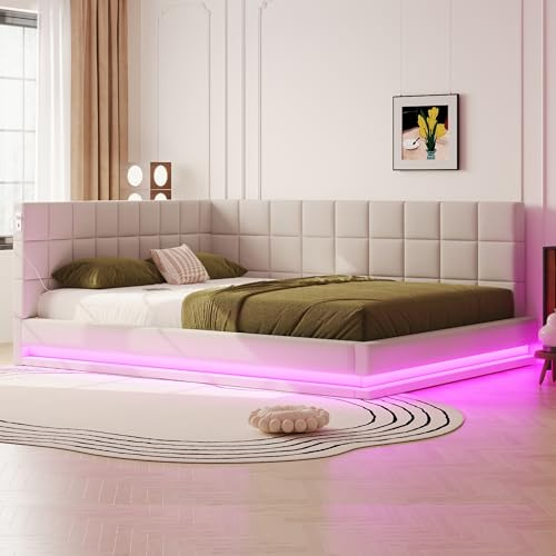 Kayan Polsterbett Schlafsofa 160x200 mit LED-Beleuchtung und Aufladen USB, Daybett Tagesbett Gästebett Multifunktionsbett mit Lattenrost, Ohne Matratze, Beige