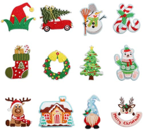 LYNSAN 12 Stück Weihnachten Flicken zum Aufbügeln Kinder Merry Christmas Patches Dekoration Bügelflicken Weihnachtsdeko DIY Zubehör Geschenk für T-shirt Jeans Hut Junge Mädchen Party