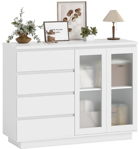 HOMCOM Commode Chambre Meuble de Rangement 4 Tiroirs 120 x 40 x 91 cm Blanc | 2 Portes en Verre Trempé, Étagère Réglable, Armoire Salon, Buffet Cuisine et Salle à Manger