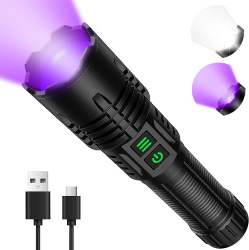 Banral Torcia ricaricabile UV e ad alto lumen, 2 in 1, potente torcia a LED con luce nera, tattica, 6 modalità, super luminosa, impermeabile, con zoom, per la cura delle urine degli animali domestici