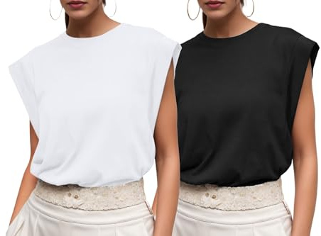 GRECERELLE Womens Cotton T-Shirt Crewneck Cap Sleeves Ladies Casual Tops Summer T Shirt Aesthetic Streetwear, 2 Pack