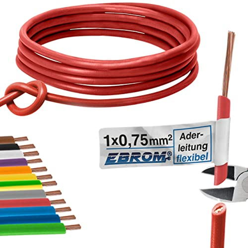 Cavo unipolare flessibile – Cavo in PVC – H05V-K 0,75 mm² – Colore: rosso 10 m/15 m/20 m/25 m/30 m/35 m/40 m/45 m/50 m/55 m/60 m fino a 100 m a scelta