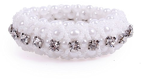 QHP Knotenband Haargummi Diamond mit Perlen in verschiedenen Größen und Strass-Steinen (Weiß)