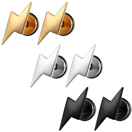 JewelryWe Schmuck 3 Paar Damen Herren Ohrstecker Edelstahl Blitz Flash Ohrringe Ohr-Piercing, Silber Gold Schwarz
