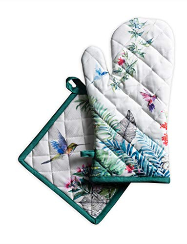 Maison d' Hermine Tropiques Ensemble de Gants de Four de (19cm x 33cm) et maniques de (20cm x 20cm), 100% Coton, pour Barbecue, Cuisson, Four, Micro-Ondes, grillades, Printemps/été, Pâques