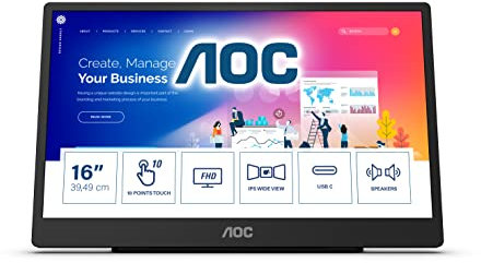 AOC 16T2 - Monitor touch portatile USB-C da 16, batteria integrata da 8000 mAh, altoparlante (1920 x 1080, 60 Hz, USB-C, Micro HDMI), colore: Nero