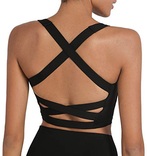 romansong Träger-Yoga-Sport-BHS für Damen, gepolstert, überkreuzt, hinten, schwarz, Groß