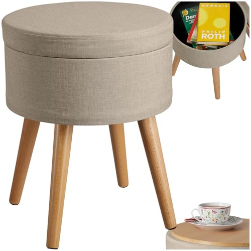 tectake® Storage Stool with Hidden Compartment, Upholstered Storage Ottoman in Linen Look with Reversible Lid & Beech Legs, 300 kg Load Capacity, Multi-Purpose Footstool & Side Table - Sand