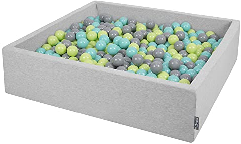 KiddyMoon Piscina De Bolas 120X30cm/200 Bolas El Cuadrado Grande para Ninos,Hecha En La UE, Gris Claro:Verde Claro/Turquesa Claro/Gris