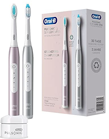 Oral-B Pulsonic Slim Luxe 4900 Elektrische Schallzahnbürste/Electric Toothbrush, Doppelpack 2 Aufsteckbürsten, 3 Putzmodi für Zahnpflege und gesundes Zahnfleisch, Designed by Braun, platinum/rosegold