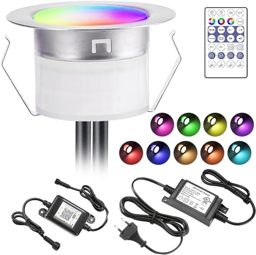 80er WiFi Bluetooth Dynamische Farben LED Bodeneinbauleuchten Multicolor Chasing Effekt Terrassenbeleuchtung Arbeitet mit Alexa, Google Home,DC12V Ø45mm IP67 Wasserdicht LED Einbaustrahler Terrassen