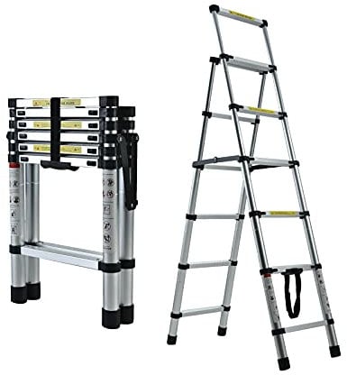 1.7M+2M Multi-Purpose Aluminum Herringbone Ladder - 5+6 Steps Telescopic Extension Step Ladder for DIY Painting/Housework/Office