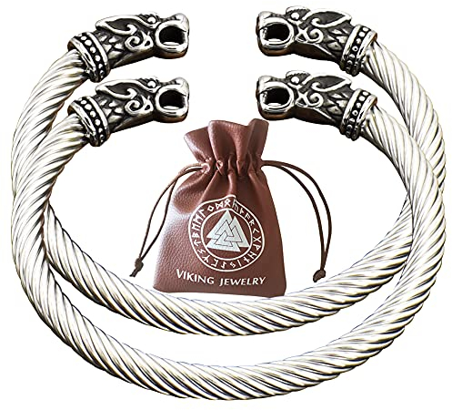 BBYOUTH Nordische Fenrir Wolfsköpfe Wikinger Torque Armband Edelstahl Twisted Cuff Armreif Schmuck für Männer Frauen mit Valknut Leder Geldbörse,Silver 1 Pair