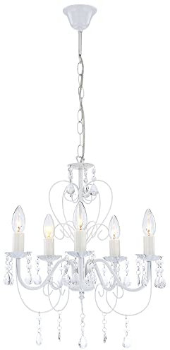 etc-shop Pendelleuchte weiß Kristall Lampe Kronleuchter Wohnzimmerleuchte Esszimmerlampe Hängelampe, 5-flammig hängend, 5x E14, DxH 44x129 cm