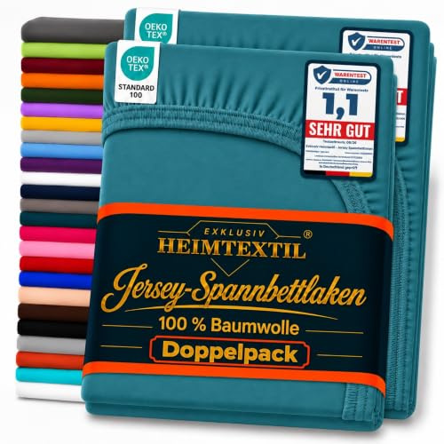 EXKLUSIV HEIMTEXTIL Jersey Spannbettlaken Doppelpack 120 x 200 cm 100% Baumwolle Öko - Tex Zertifiziert, Markenqualität, Matratzenhöhe bis 25 cm, Petrol