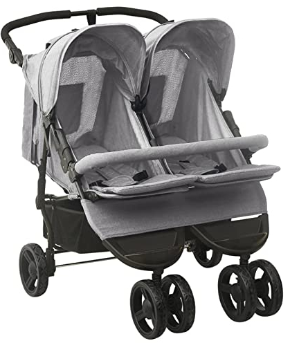 ZEYUAN Geschwisterwagen, Zwillingskinderwagen, Geschwisterbuggy, Doppelkinderwagen, Double Stroller, Hellgrau Stahl