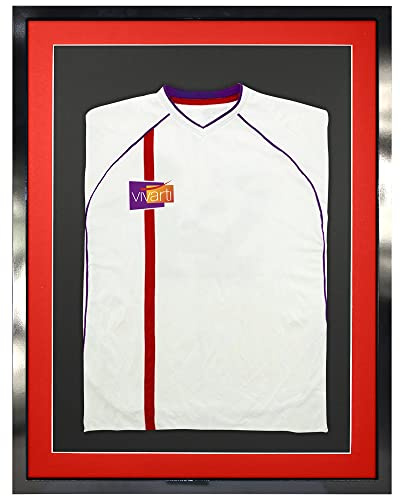 Vivarti DIY Adult 3D Mounted Sports Shirt Display Frame for Football Shirt, Rugby Shirt, Band T-Shirt Shadow Box - 60 x 80cm - Gloss Black Frame, Red Mount, Black Backing Card