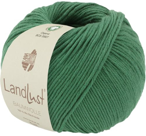 LANA GROSSA Landlust Baumwolle | Klassisches Bio-Baumwollgarn, Gots zertifiziert | Handstrickgarn aus 100% Baumwolle (Bio) | 50g Wolle zum Stricken & Häkeln | 115m Garn FB 9 Smaragdgrün
