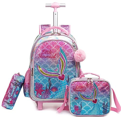 HTgroce Meerjungfrauen Kinder Trolley Rucksack Schulranzen mit Rollen Rolling Schultasche für Mädchen Schüler Kindergepäck Reisegepäck Kindertrolley Reisekoffer Schulranzen Trolley Mädchen