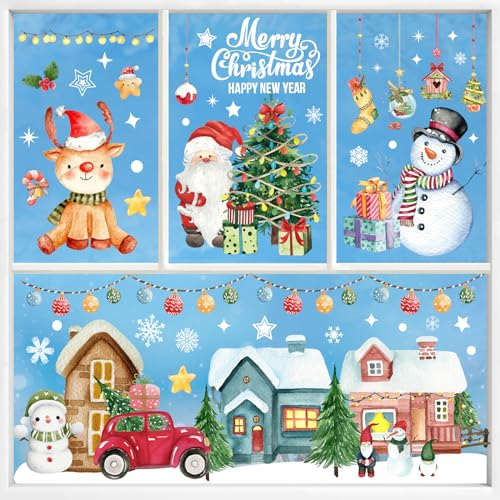 209 Stk Fensterbilder Weihnachten Selbstklebend, Fensterdeko Weihnachten Wiederverwendbar, Weihnachtsfensterbilder Kinder Doppelseitig Bunt, Fensterbild Weihnachten mit Häuser sterne schneeflocken