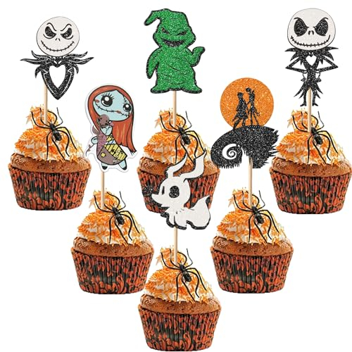 Xsstarmi 24 Pack Jack Skellington Halloween Cupcake Toppers Glitter Skull Ghost Nightmare Before Christmas Cupcake Picks Decorations for Halloween Horrible Birthday Party Cake Decorations