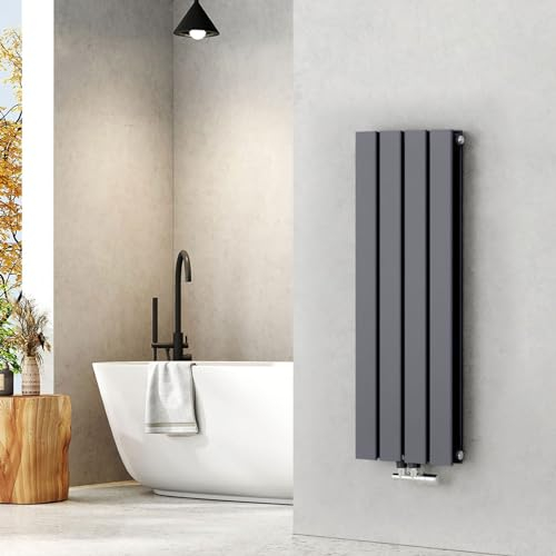 EMKE Heizkörper Klein 900x300mm Anthrazit, Design Heizkörper Flach Vertikal Heizkörper Bad Flachheizkörper Doppellagig Paneelheizkörper Mittelanschluss für Badezimmer 446W