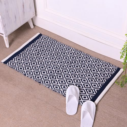 RAJRANG Cotton Diamond Area Teppich 53 x 86 cm - Kleid Blau Kleiner reversibler geometrischer Teppich für Schlafzimmer Eingang Küche Badezimmer Wohnkultur
