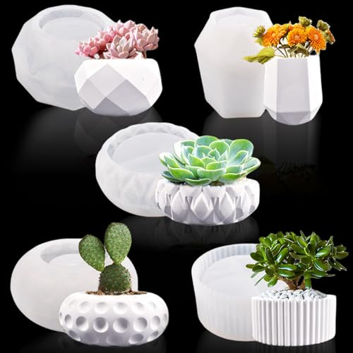 5 pcs Moule en silicone pour vase, moule en silicone pot de fleur, moule en résine pour DIY maison bureau décorations artisanales. Idéal pour créer des pots de fleurs, porte-stylos et bougeoirs
